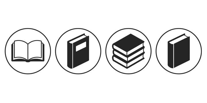 Book icons in a circle showing an open book, closed book, and stack of books.