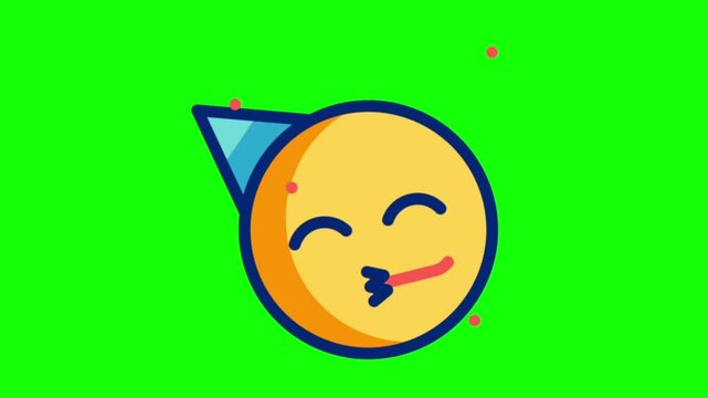 Animated party emoji wearing a cone hat blowing a noisemaker with confetti on green screen background
