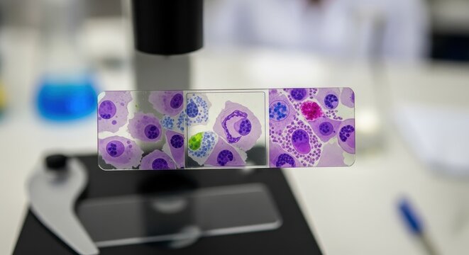 Microscopic View of Colorful Cell Samples Under Laboratory Examination