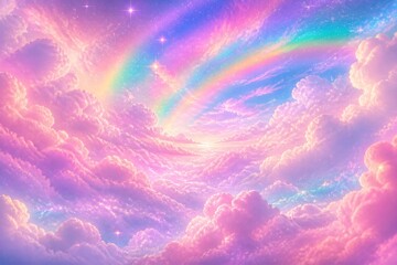 Obraz premium Rainbow arching above pastel clouds in dreamy sky at sunrise