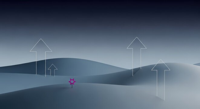 Serene Landscape with Pink Flower and Upward Arrows in Minimalist Style