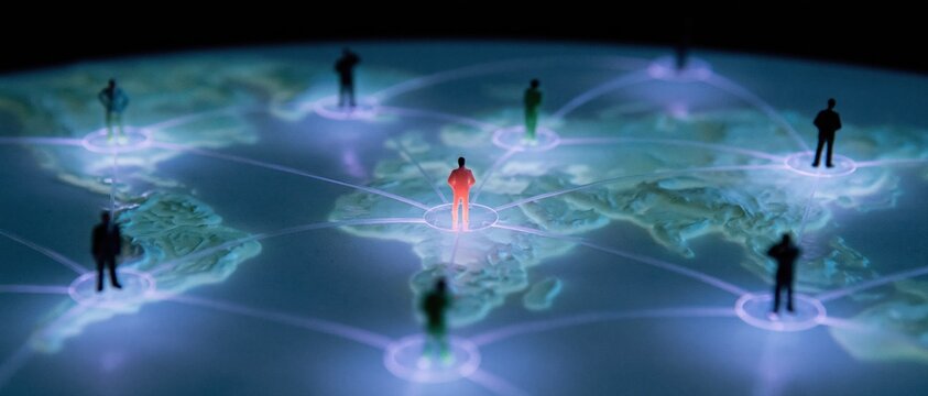 Global world map table with glowing fiber paths and miniature people for digital connectivity and communication campaigns