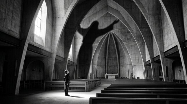 Person in Church Hall Casting Shadow of Jesus Christ Statue