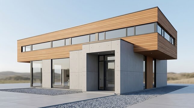 A striking contemporary home built around a strong T-shaped structural composition with a balanced horizontal upper volume