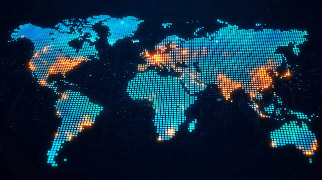 Digital world map illustration with glowing orange and blue pixel squares for global network visualization.