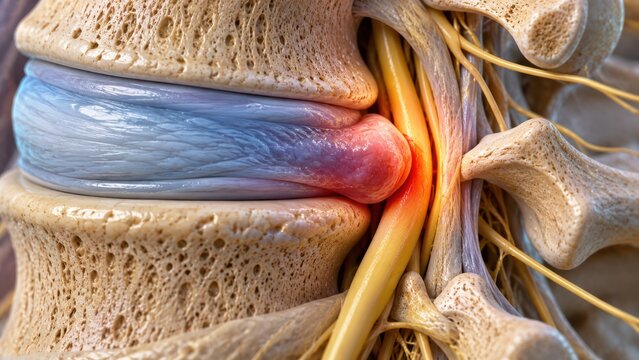 Detailed medical illustration of a severe lumbar spinal disc herniation with nerve compression.