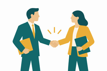 Fototapeta premium Flat vector illustration of two colleagues shaking hands over a successful deal