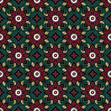 Exotic seamless floral pattern with ornate geometric mandala flowers