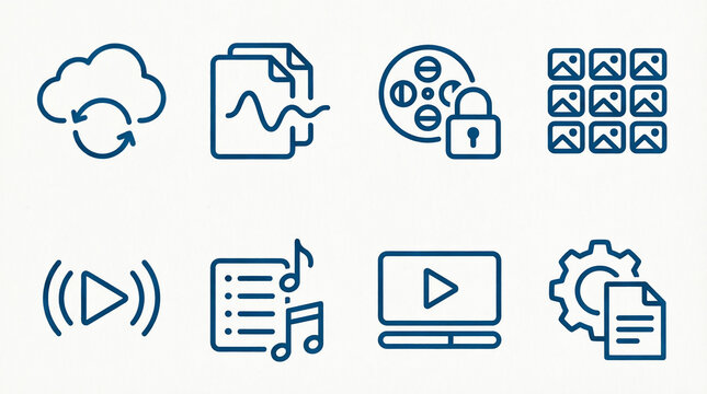 Set of 8 blue linear icons related to digital media and data management.