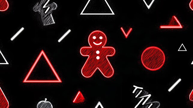 Red neon gingerbread man doodle with geometric shapes on black background vector overlay for Christmas holiday card banner decor design