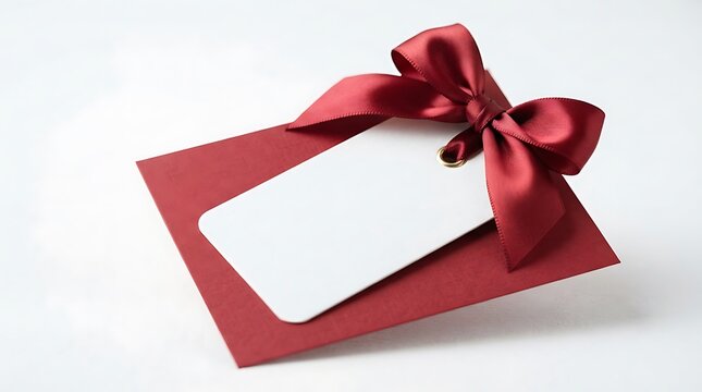 Red satin ribbon bow on a blank white gift tag over a red envelope