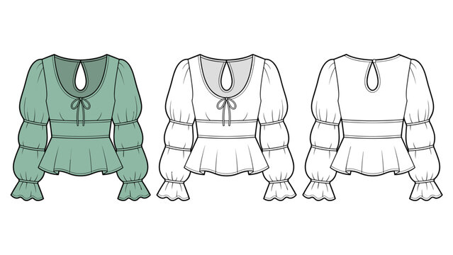 Keyhole Neck Puff Sleeve technical fashion Illustration. Tiered Peplum Blouse fashion flat technical drawing template, drawstring tie, front and back view, green, women Top CAD mockup set