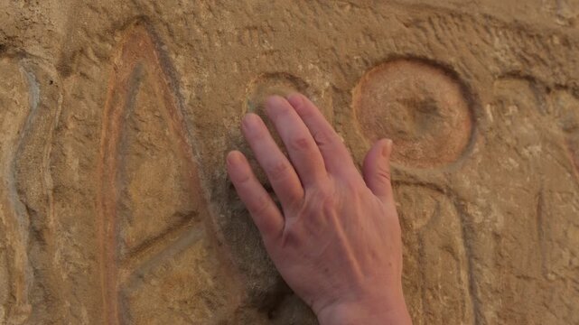 Female tourist's hand touching carvings on stone wall in Luxor Temple close-up