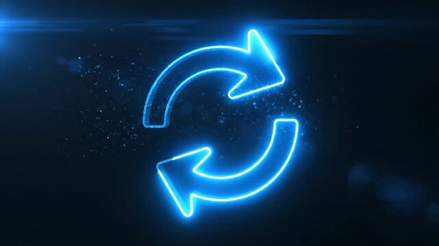 Bright blue neon refresh arrows symbol on black background