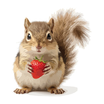 Cute little chipmunk or squirrel holding a fresh red strawberry vector illustration isolated on white background