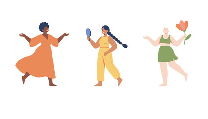 Fototapeta premium Group of three diverse happy women celebrating body positivity and self love while holding a mirror and a flower.