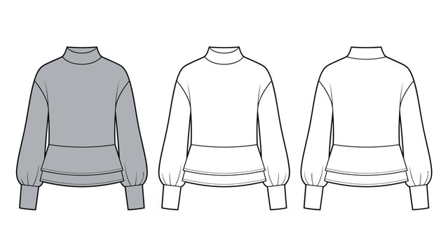 Mock Neck Layered Blouse technical fashion Illustration. Long Sleeve Top fashion flat technical drawing template, peplum, minimalist, frill, front and back view, grey, women Top CAD mockup set