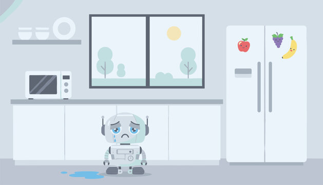 Sad little robot standing alone in a minimalist kitchen next to a puddle of water while crying expressing feelings of failure or malfunction.