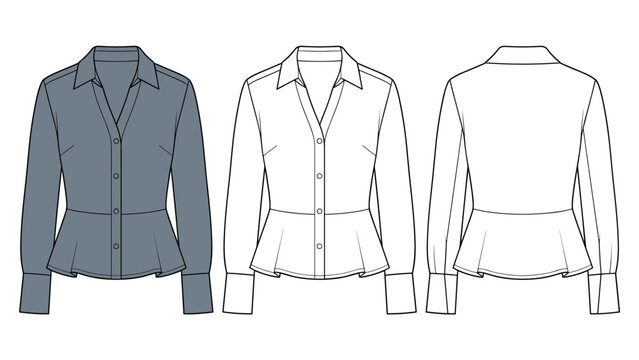Classic Button Shirt technical fashion Illustration. Spread Collar Blouse fashion flat technical drawing template, peplum hem, long sleeve, front and back view, grey, white, women Top CAD mockup set
