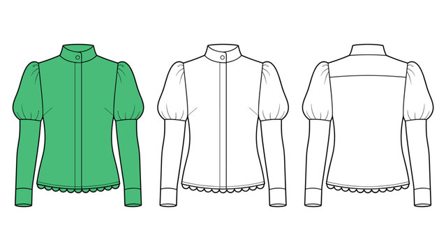High Neck Puff Sleeve technical fashion Illustration. Scallop Hem Blouse fashion flat technical drawing template, button front, long sleeve, front and back view, green, white, women Top CAD mockup set