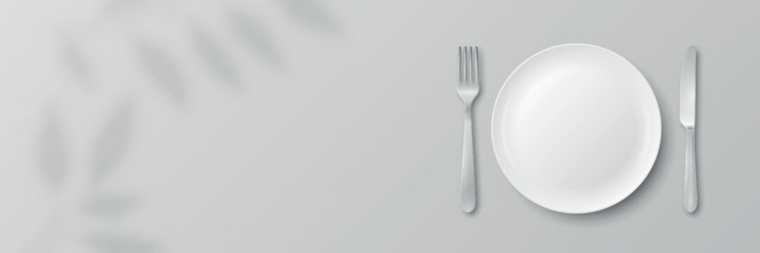 Table Setting Vector Illustration. Minimal Place Setting Illustration with Plate, Fork and Knife on Gray Background. Horizontal Restaurant Table Layout, Dining Etiquette Design