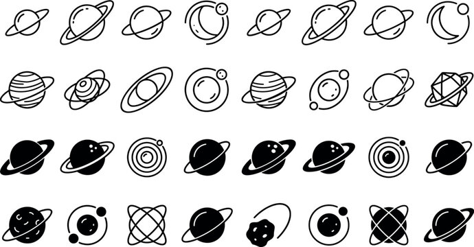 Planet space outline icon vector set with different saturn universe astronomy symbolsPlanet space outline icon vector set with different saturn universe astronomy symbols
