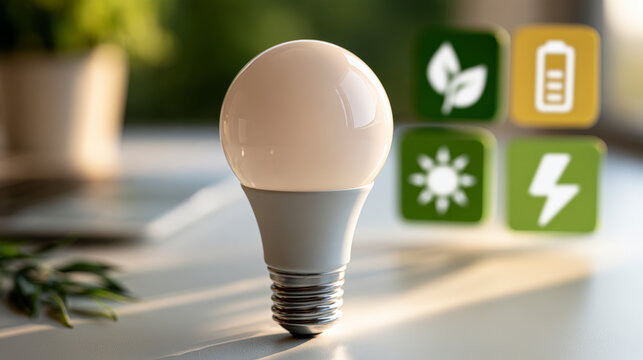 Energy Saving Concept With Efficient Light Bulb Renewable Power And Sustainability Icons