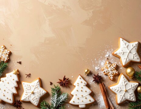 Elegant Christmas Gingerbread Cookies with Evergreen Branches and Golden Ornaments on Cream Background