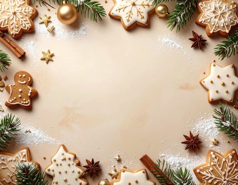 Elegant Christmas Gingerbread Cookies with Evergreen Branches and Golden Ornaments on Cream Background