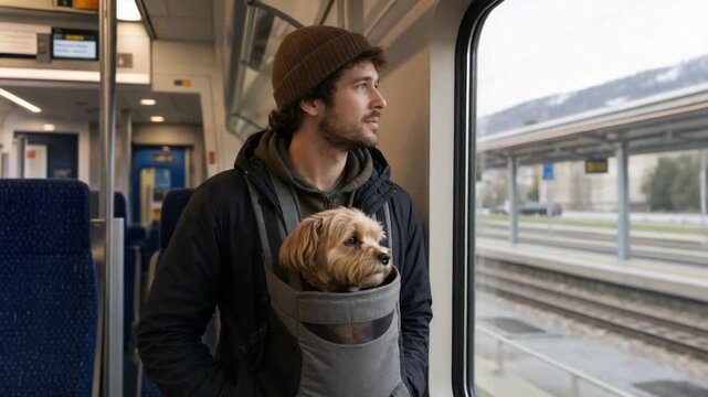 Traveling by train with the dog in a dog carrier.