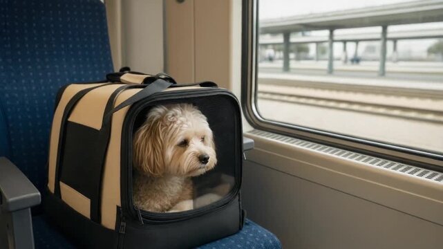 Dog in a dog carrier on a train.