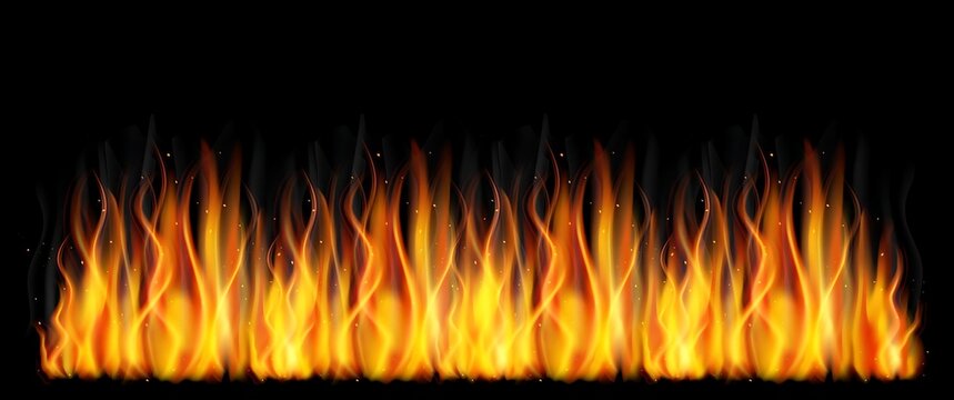 Realistic fire flames border on black background vector illustration with glowing sparks, burning embers, hot heat effect, and blaze element..