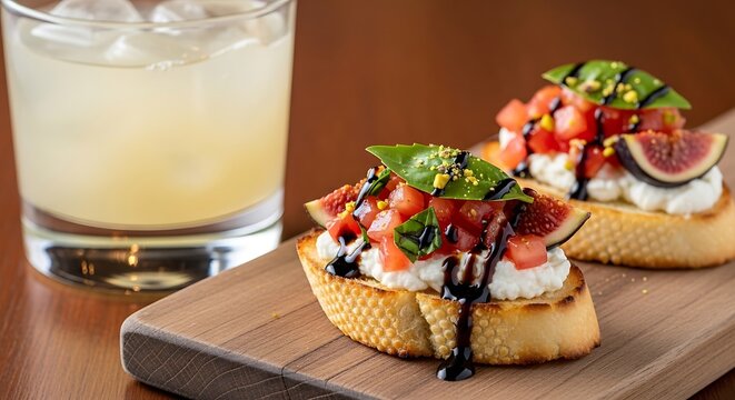 Fresh fig and tomato bruschetta with basil and balsamic glaze, served with a refreshing drink on a wooden board