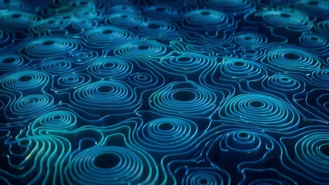 Blue topographical waves moving in a rhythmic fluid animation pattern representing digital terrain data video motion