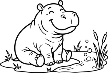 Fototapeta premium Cartoon hippopotamus sitting beside a small pond in a grassy area with clean white background