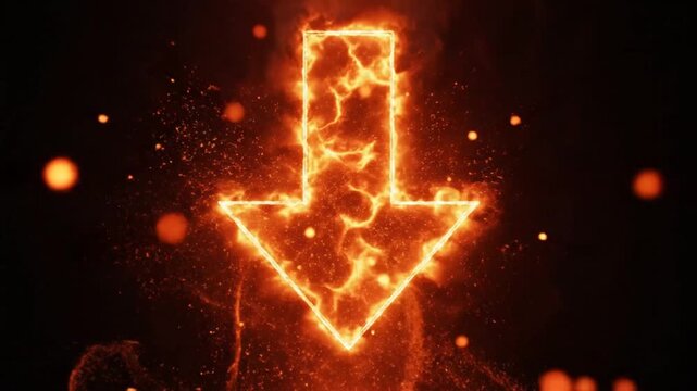 Fiery glowing down arrow symbol on dark smoky background