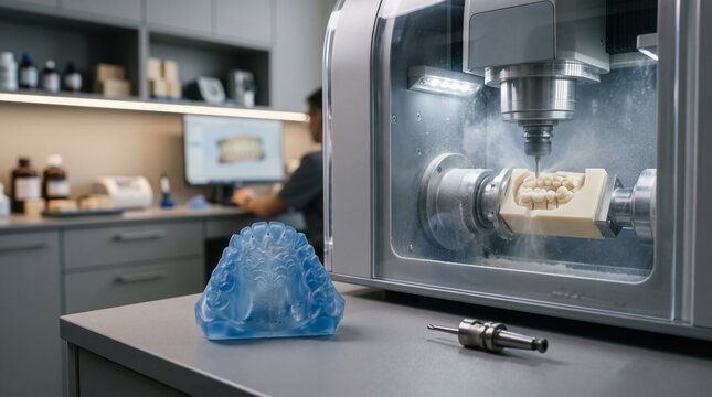 Premium CAD CAM dentistry photograph combining a blue resin 3D printed dental arch with a robotic milling system shaping an ivory ceramic block