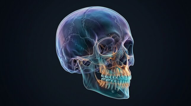 Premium CBCT visualization of a realistic human skull composed of delicate translucent three dimensional anatomical layers with visible teeth and jaw structures