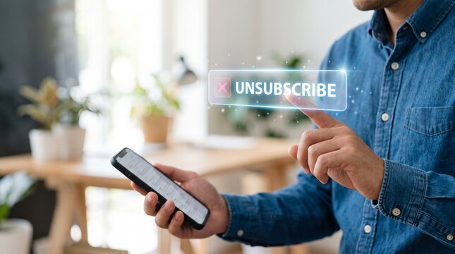 Man tapping a digital unsubscribe button while holding a smartphone in a bright office environment