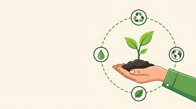 A hand cradling a seedling is surrounded by environmental sustainability icons in a vector illustration