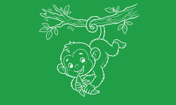 Cute animal coloring page design vector new 2026 Cute cartoon monkey hanging on a tree branch with leaves isolated on transparent background, Vector, illustration
