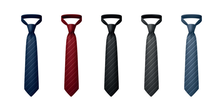 Tie Set, 3d Vector Illustration. Striped Tie Set. Necktie Collection in Blue Red Black Gray and Light Blue. Mens Tie, Business Tie Illustration for Office, Dress Code, Menswear, Fathers Day Design