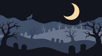 Fototapeta premium A spooky and enchanting halloween night scene vector illustration featuring a cemetery silhouetted trees and a glowing crescent moon in a dark blue
