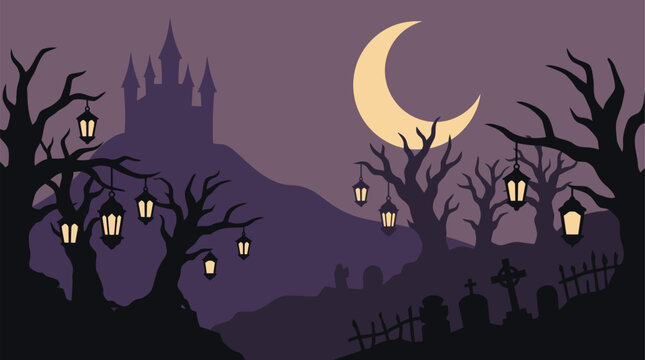A spooky and enchanting halloween night scene vector illustration featuring a dark castle crescent moon and glowing lanterns amidst silhouetted trees and a