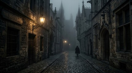Obraz premium Misty alleyway with ancient stone buildings. Single figure walks away into foggy depth. Gas lamps glow softly against wet cobblestones. Gothic spires pierce the gloomy sky. Atmosphere evokes mystery