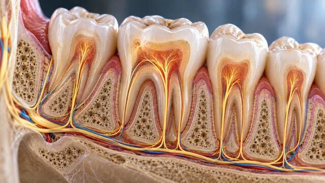 Healthy human jaw section highlighting intricate internal dental anatomy with nerves and blood vessels.
