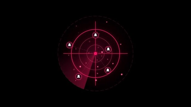 Animated pink HUD crosshair target attracting customer avatars with a rotating radar sweep on transparent background. Ideal for target audience marketing, customer acquisition, and digital leads.