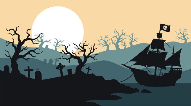 A spooky halloween scene featuring a ghostly pirate ship sailing under a full moon amidst a dark and mysterious cemetery landscape perfect for