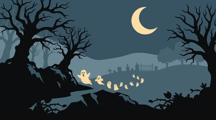 Fototapeta premium A spooky and delightful halloween night scene vector illustration with a crescent moon silhouetted trees and a charming village in the distance perfect