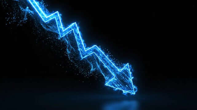 Glowing blue zigzag arrow pointing down on dark background